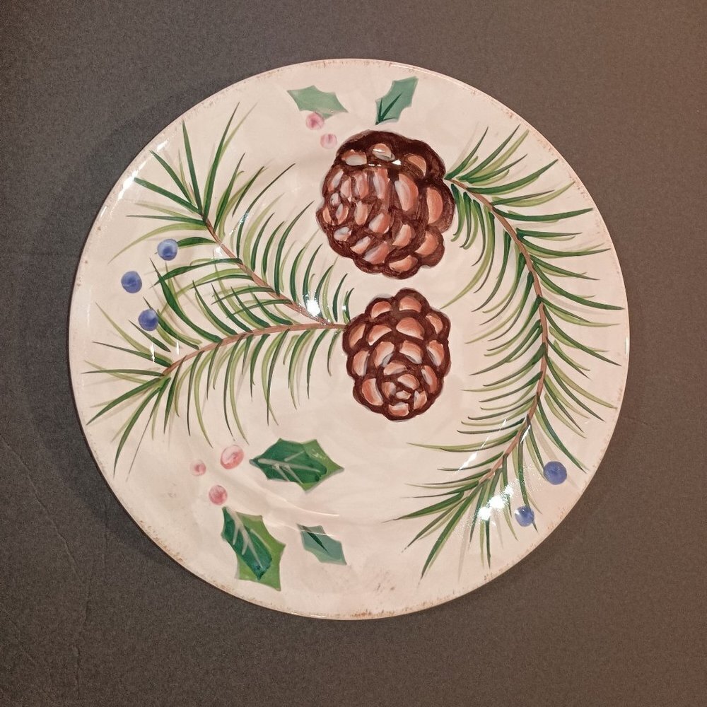 Mesa International Brown Pine Cones, Green Pine needles, Holly Salad Plate